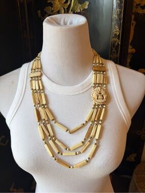 Artisan estate Multi-Strand Carved Bead Gold-Tone Necklace